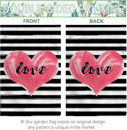 Love Heart Garden Flag Valentines Day Strips Yard Flag Outside Double Sided Anniversary Wedding Burlap Garden Flags Pink Love House Banner for Outdoor Valentine Decor 12x18 Inch