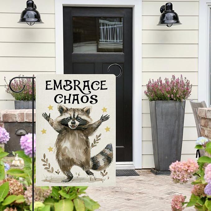 Dyrenson Funny Raccoon Decorative Garden Flag, Embrace Chaos Stars Yard Outside Home Decoration, Farmhouse Burlap Outdoor Small Decor Double Sided 12 x 18