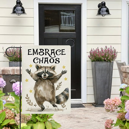 Dyrenson Funny Raccoon Decorative Garden Flag, Embrace Chaos Stars Yard Outside Home Decoration, Farmhouse Burlap Outdoor Small Decor Double Sided 12 x 18
