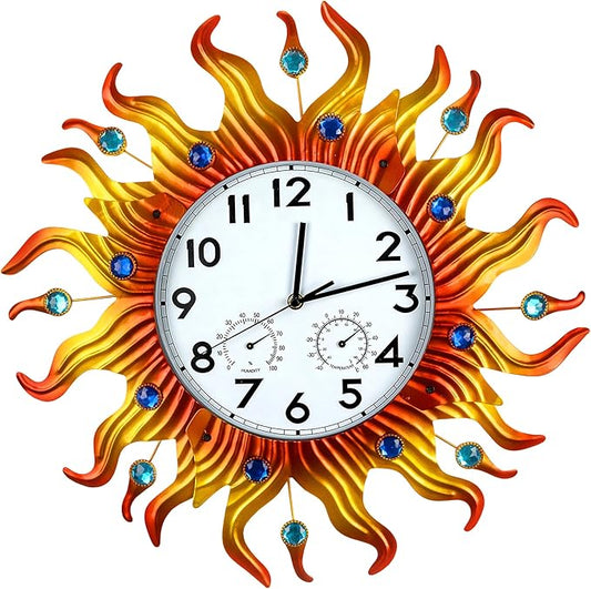 shumi Large Sun Outdoor Wall Clock, Outdoor Clock Thermometer and Hygrometer Combo, Decorative Wall Clock Silent Non-Ticking for Patio, Pool and Bathroom