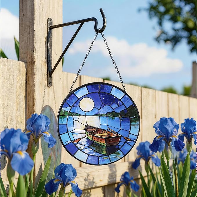Hanging Stained Glass for Windows,20cm/7.87inch The Boat Beneath the Moon Stained Glass Suncatcher with Chain Garden Diamond Glass Panel Hangings Decoration for Family Friends Colleagues