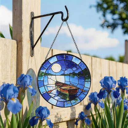 Hanging Stained Glass for Windows,20cm/7.87inch The Boat Beneath the Moon Stained Glass Suncatcher with Chain Garden Diamond Glass Panel Hangings Decoration for Family Friends Colleagues