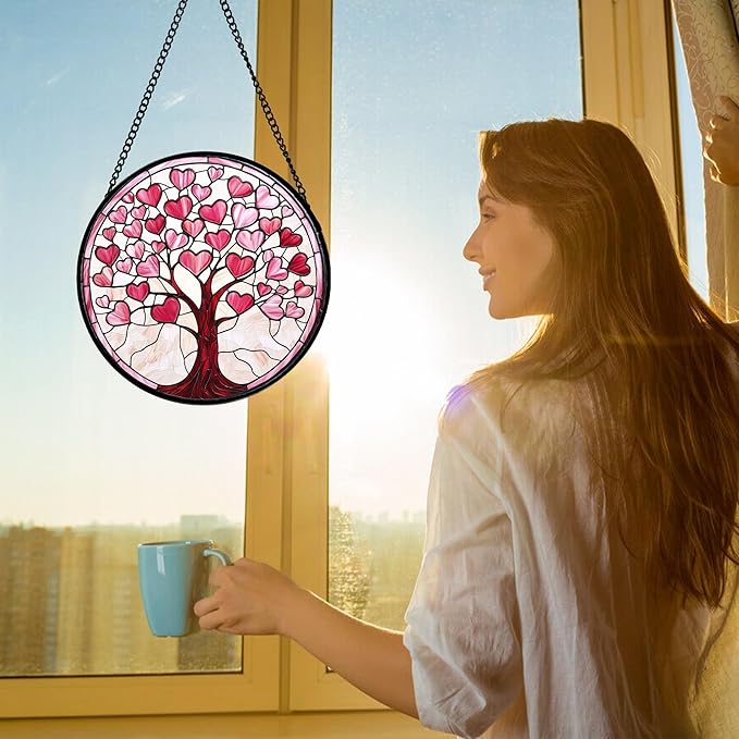DASTOLL Stained Glass Window Hanging, Pink Love Heart Tree Suncatcher Hangings Beige Sun Catchers Decor for Birthday Holiday for Women, Men, Wife, Aunt, Mom 11.8IN