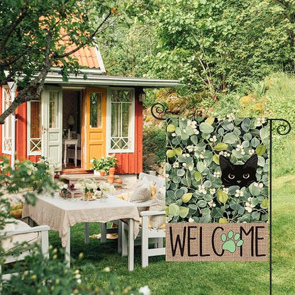 AVOIN colorlife Spring Summer Floral Garden Flag 12x18 Inch Double Sided Outside, Eucalyptus Black Cat Welcome Seasonal Yard Outdoor Flag
