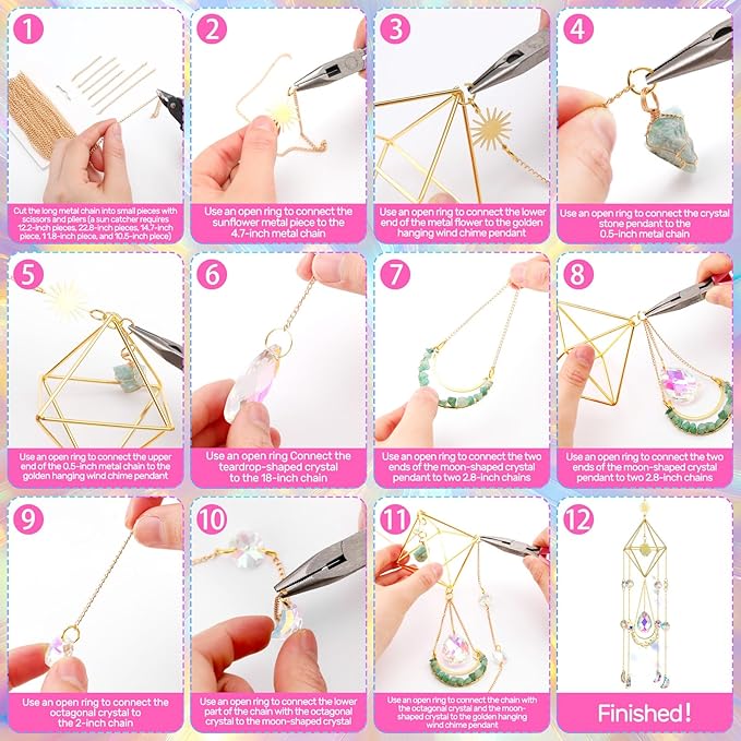 Knitgrip 6 Set 508 Pcs DIY Crystal Suncatcher Making Kits Craft with Rainbow Pendants Chains Gemstone Sun Catcher Hanging Colorful Crystal Prisms Windows Decor Wind Chimes with Chain Pendant Decor