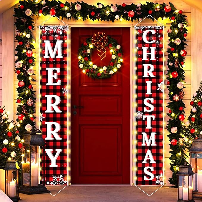 Ivenf Christmas Decorations Outdoor Yard, Outside Front Porch Sign Set with Lights, Red Black Buffalo Plaid Xmas Door Decorations, Hanging Banner for Home Decor Wall Front Door Yard Garage