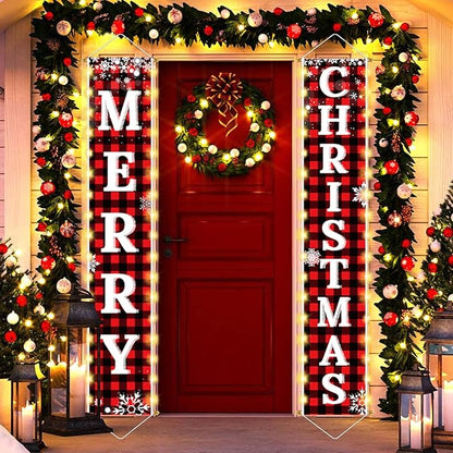 Ivenf Christmas Decorations Outdoor Yard, Outside Front Porch Sign Set with Lights, Red Black Buffalo Plaid Xmas Door Decorations, Hanging Banner for Home Decor Wall Front Door Yard Garage