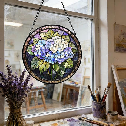 DASTOLL Stained Glass Window Hanging, Hydrangea Flowers Sun Catchers Diamond Glass Panel Hangings Plant Suncatcher Decor for Birthday for Women, Men, Wife, Aunt, and Mom 11.8x11.8 in