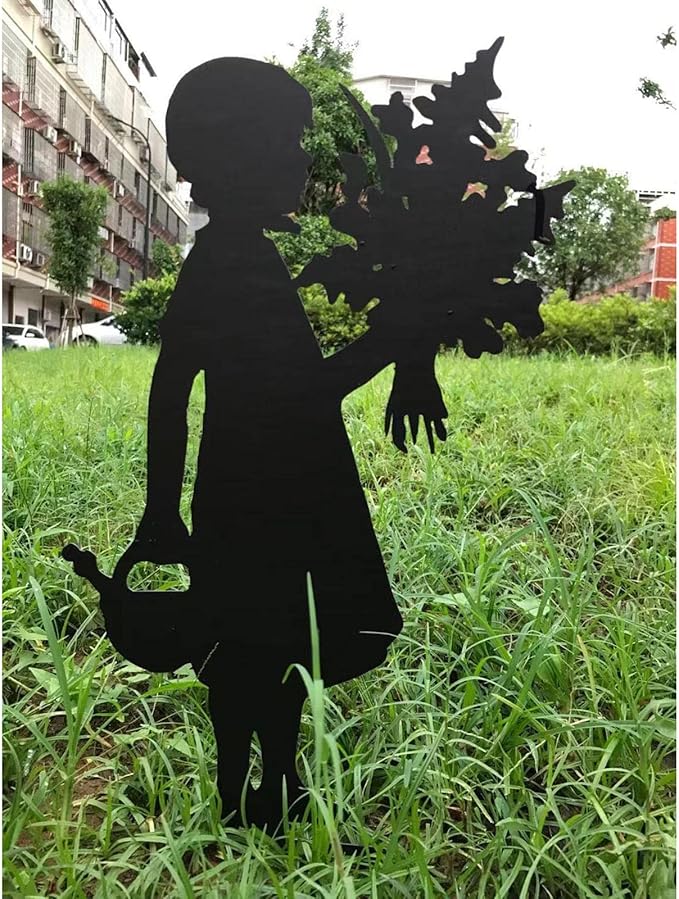 Iron Children Chasing Butterfly Statues Rustic Kids Silhouette Garden Yard Stakes Art Patio Porch Lawn Ornaments (2pcs Girls A)
