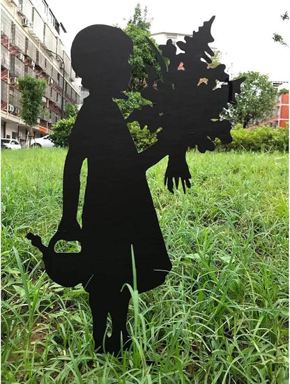 Iron Children Chasing Butterfly Statues Rustic Kids Silhouette Garden Yard Stakes Art Patio Porch Lawn Ornaments (2pcs Girls A)