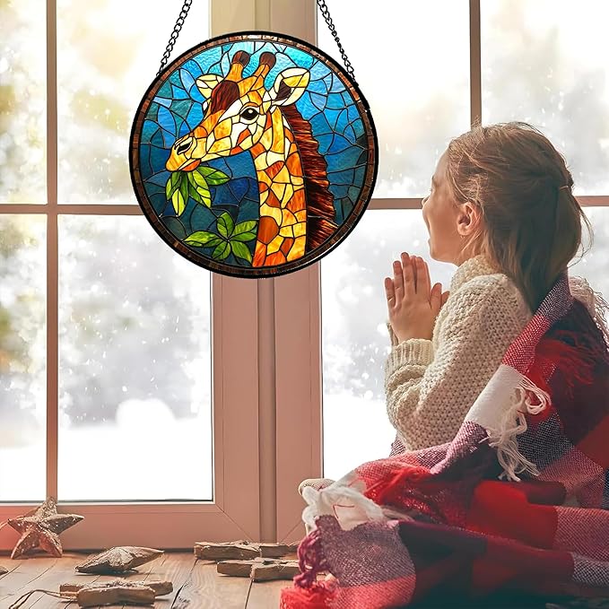 Stained Glass Window Hanging Orange Giraffe Blue Green Leaves Large 11.8" - Suncatcher Door Garden Sunroom Sun Catcher Home Decor Birthday Christmas for Mom Men Woman Nana