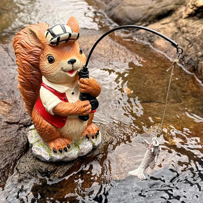 Squirrel Outdoor Statue Koi Pond Garden Decoration, Squirrel Decor for Yard 7.1'' Fishing Sculpture Outdoor Patio, Lawn Accessory, Fishing Animals for Waterfall or Koi Pond Additional, Gifts for Mom