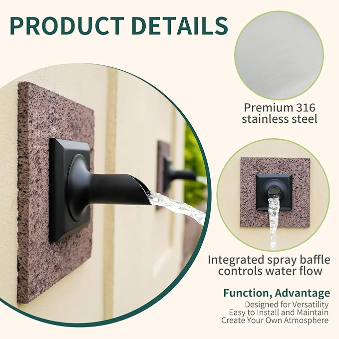 PONDO 2'' Round Water Fountain Spout, 316 Stainless Steel Spillway Waterfall Accent Scupper Feature with Integrated Spray Baffle for Landscape Decor, Garden Pond, Pool, Water Wall, Fountain (Black)