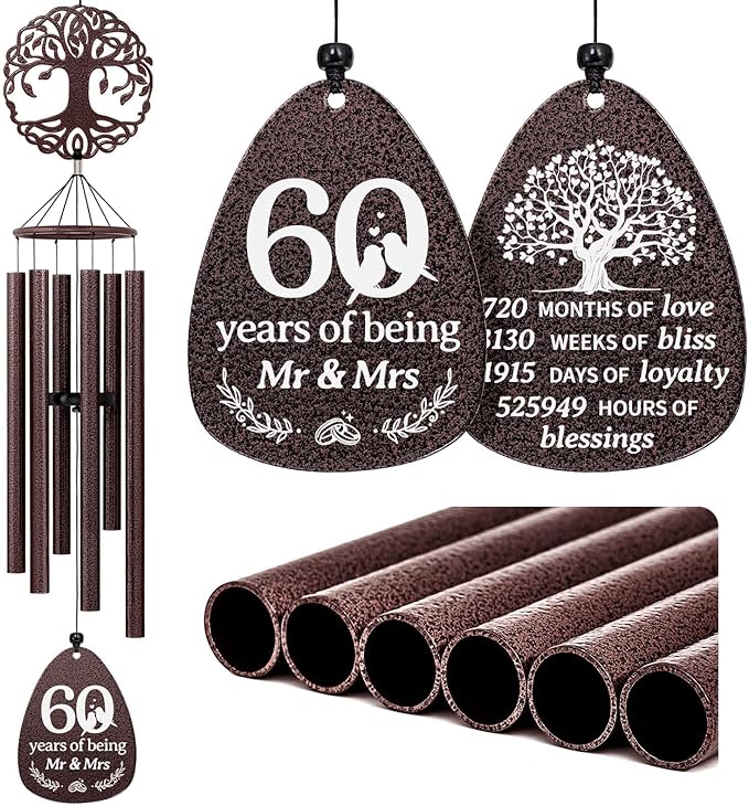 SteadStyle 60th Anniversary Wind Chime, Happy 60th Jubilee Gifts for Parents, Husband, Wife, Couples, Friends - Diamond Anniversary Keepsake Tree of Life Wind Chime Large Size 37 in Garden Patio Decor