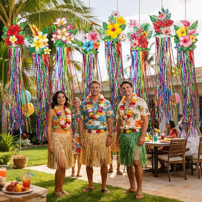 Affrolling 8 Pcs Hawaiian Luau Party Decoration Tropical Flower Hanging Decorations with Tassels for Hawaii Luau Tropical Floral Birthday Party Supplies 3.3 ft Outdoor Summer Door Banner Sign Decor