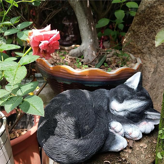 Realistic Cat Garden Outdoor Statue, Sleeping Kitten Figurines Sculpture Decoration for Patio, Yard, Porch Lawn Ornament, Office Home Art Décor Cat Memorial Stone (Black)