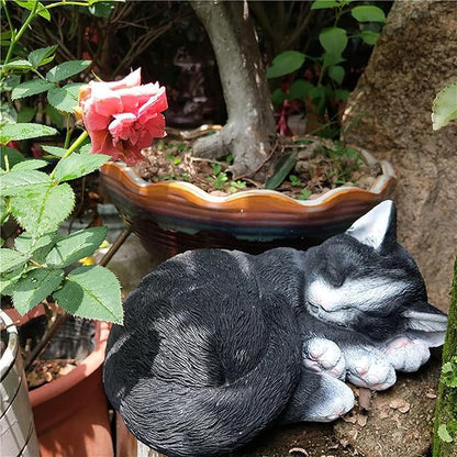 Realistic Cat Garden Outdoor Statue, Sleeping Kitten Figurines Sculpture Decoration for Patio, Yard, Porch Lawn Ornament, Office Home Art Décor Cat Memorial Stone (Black)