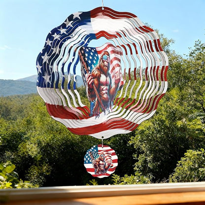 Big Foot Wind Spinners Outdoor - Bigfoot Gifts for Men, Bigfoot American Flag Wind Chime for Outside, Hanging Metal Wind Sculptures for Garden Indoor Patio Lawn Yard, Veterans Day