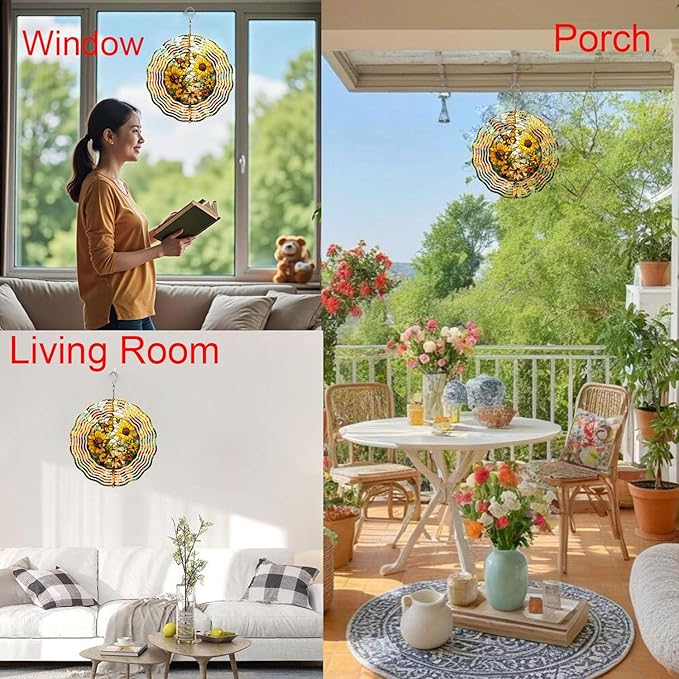 Metal Wind Spinners Outdoor Sunflower Decorations Garden Hanging, Festive Gifts for Women Mom Grandma, 25cm/ 9.84in 3D Wind Spinners for Garden Decor for Patio,Yard,Outdoor