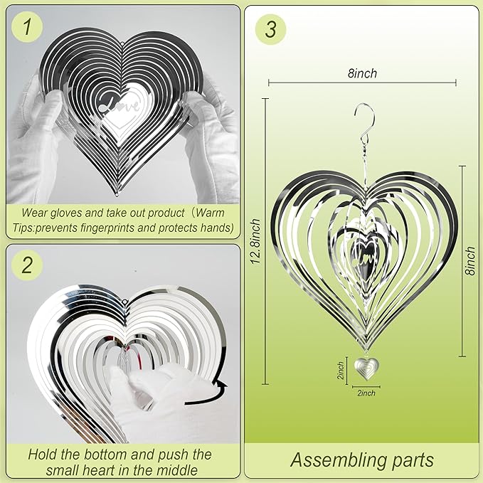 HOOSUN Metal Wind Spinners Outdoor for Yard and Garden Decor,Reflective Bird Deterrents for Outside Windows Patio Porch,Stainless Steel 3D Hanging Heart Wind Spinners Gifts for Mom Women
