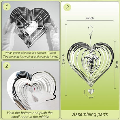 HOOSUN Metal Wind Spinners Outdoor for Yard and Garden Decor,Reflective Bird Deterrents for Outside Windows Patio Porch,Stainless Steel 3D Hanging Heart Wind Spinners Gifts for Mom Women