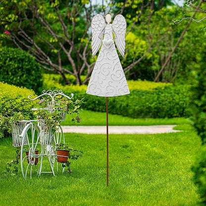 E-view Metal Angel Garden Stakes Antiqued Decorative Angel Stake with Heart - Outdoor Iron Lawn Art Yard Sign Patio Backyard Decor (1 Piece)