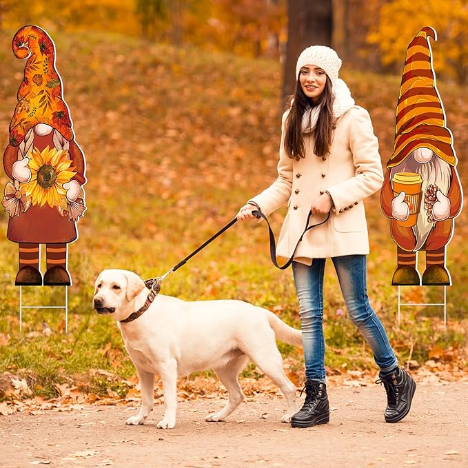 Umigy 3 Pcs Thanksgiving Yard Decor Cute Fall Gnome Yard Sign with Stakes 32 x 10 Inch Autumn Gnome Outdoor Lawn Decor, Outside Thanksgiving Garden Decoration for Home Pathway Walkway