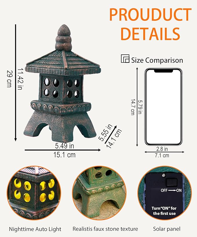 Nacome Solar Pagoda Garden Statues:11.5 inches Outdoor Waterproof Resin Zen Decor for Landscape Balcony Patio Porch Yard Ornament(Bronze)