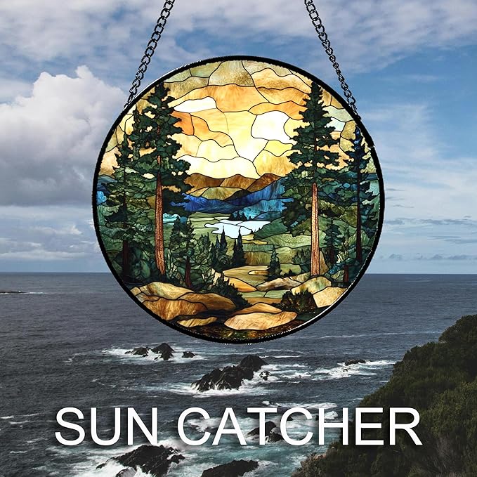 Stained Glass Window Hanging Forest Lake Mountain Sunset 6.3" - Suncatcher Door Garden Sunroom Sun Catcher Home Decor Birthday Christmas for Mom Men Woman Nana Friend