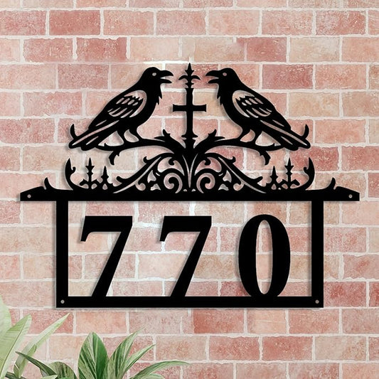 Personalized Gothic House Number metal Signs,Custom Address Number Metal Wall Art Decor,Black Plaques Outdoor wall Decorative Signage,Shed(8-30 Inches) (Crow A)