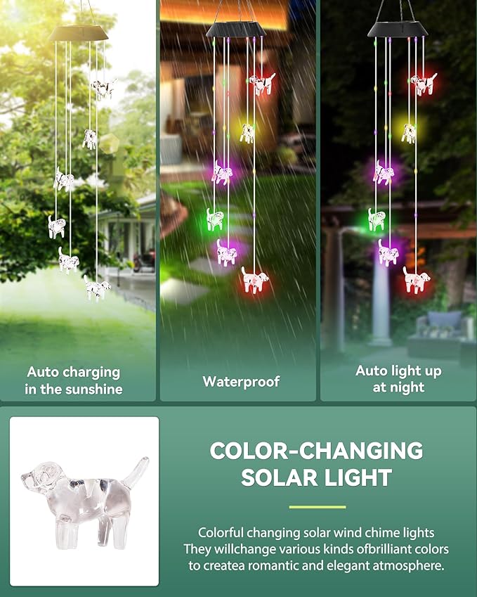 DOUBLEZHE Solar Wind Chimes for Outside, Color Changing Dog Wind Chime Outdoor Clearance, Birthday Gifts for Mom Women Grandma Wife Girls, Unique Garden Decor Colorful Patio Yard Party Decoration
