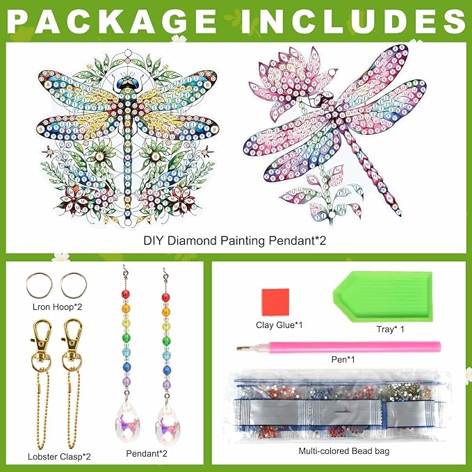 MVVMTOP 2pcs Diamond Art Painting Wind Chime with Crystal Pendant, DIY Dragonfly Double-Sided Design Special Shape Acrylic Crystal Diamond Art Ornament, Home Window Garden Hanging Pendant Decoration