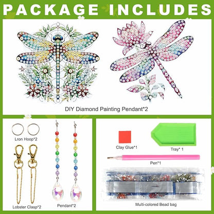 MVVMTOP 2pcs Diamond Art Painting Wind Chime with Crystal Pendant, DIY Dragonfly Double-Sided Design Special Shape Acrylic Crystal Diamond Art Ornament, Home Window Garden Hanging Pendant Decoration