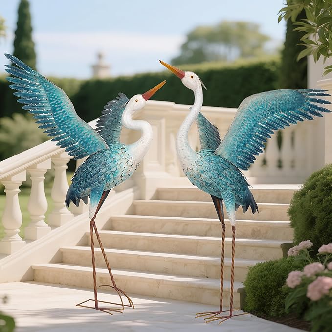 chisheen Garden Statue Outdoor Metal Heron Crane Yard Art Sculpture for Lawn Patio Backyard Decoration,46 inch (2-Pack) (White&Blue)