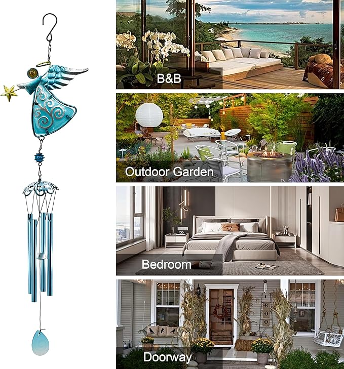 MrMrKura Angel Wind Chimes, 31.5” Angel Metal Wind Chimes for Outside with Metal Tubes & S Hook for Home Garden Decoration Christmas Decoration Hanging Ornament Wind Bell Gifts for Mom (Blue)