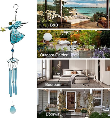 MrMrKura Angel Wind Chimes, 31.5” Angel Metal Wind Chimes for Outside with Metal Tubes & S Hook for Home Garden Decoration Christmas Decoration Hanging Ornament Wind Bell Gifts for Mom (Blue)