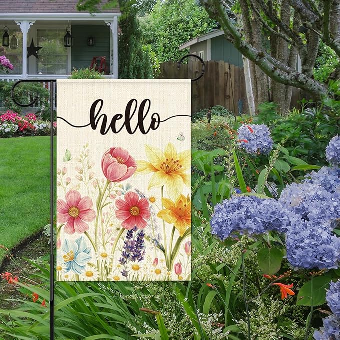 Spring Flowers Garden Flag for Outside,Hello Spring Garden Flag Yard Lawn Porch Flags for Outdoor Decorations 12x18 Inch Double Sided