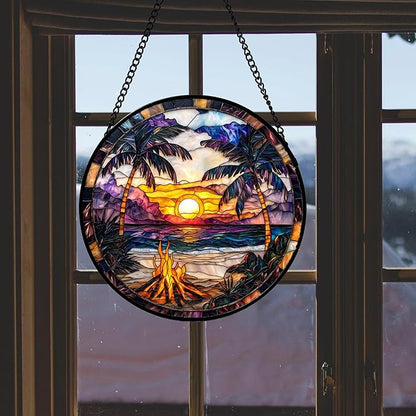DASTOLL Stained Glass Window Hanging,Bonfire Beach Landscape Suncatcher Diamond Glass Panel Sun Catchers Decor for Birthday for Women, Men, Wife, Aunt, and Mom 14.9x14.9 in
