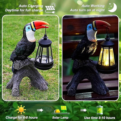 Spring Toucan Garden Statues Decor, Solar Waterproof 9.5" Colorful Tropical Bird Sculpture with LED Lights Funny Garden Outdoor Exotic Bird Sculpture Decoration for Lawn Porch Yard Patio Tiki Bar