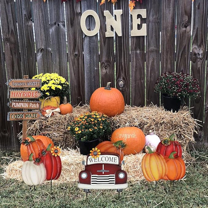 YEAHOME Fall Decorations Outdoor,Multiple Stacked Pumpkin Truck Decorative Garden Stakes for Fall Decor, Autumn Metal Yard Signs for Home Outside Garden Lawn Porch, Thanksgiving Decorations Outdoor