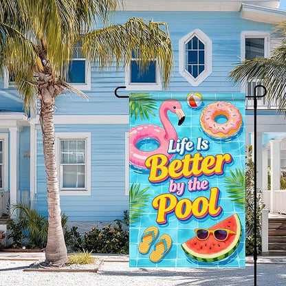 BlissYard Life Is Better By The Pool Garden Flag 12x18 Double Sided Vertical Outdoor Summer Poolside Decor Flamingo Donut Float Tropical Yard Lawn Patio Banner