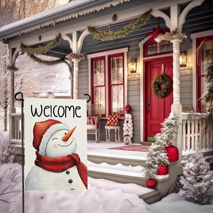 Snowman Winter Welcome Garden Flag 12x18 Inch Double Sided Snowman Holiday Burlap Yard Flags for Outside Small Flag for Outdoor Garden Decoration