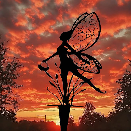 3-Piece Set Garden Fairy Metal Dancing Dandelion Flower Sculptures,Outdoor Decorative Stakes for Yard, Lawn, Flower Bed, Flower Pot (Style A)