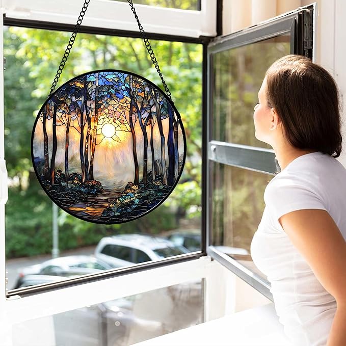 DASTOLL Stained Glass Window Hanging, Forest Sunrise Smoke Blue Brown Tree Suncatcher for Doors Window Home Landscape Sun Catchers Decor Mother's Day Birthday Gifts for Women, Men Mom 15 in