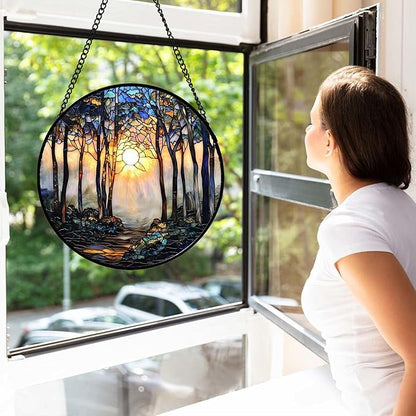 DASTOLL Stained Glass Window Hanging, Forest Sunrise Smoke Blue Brown Tree Suncatcher for Doors Window Home Landscape Sun Catchers Decor Mother's Day Birthday Gifts for Women, Men Mom 15 in