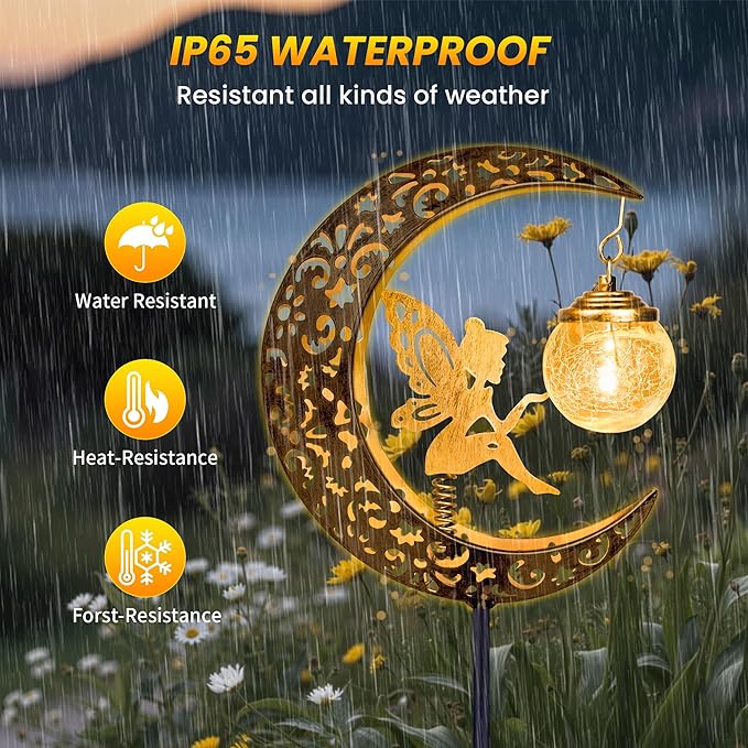 Solar Garden Statues Outdoor Decor, Fairy Moon Figurine Light Stake, Housewarming Ornament for Patio, Lawn, Yard, Pathway - Unique Gift Ideas for Gardening Mom Grandma