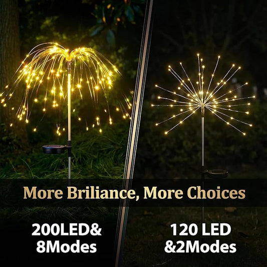 2 Pack Solar Firework Lights Outdoor, Adjustable 32" to 51" Extra Tall, Verified 200 LED Warm White Stainless Steel 3-Section Pole, 8 Modes Waterproof Starburst Garden Lights for Patio Walkway