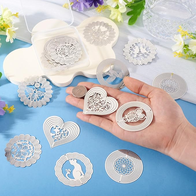 20Pcs Metal Replacement Wind Catcher, Beadthoven Wind Chime Parts Stainless Steel Bird Flower Cat Heart Round Shaped Flat Metal Embellishments for Wind Bells Memorial Sympathy Wind Chimes