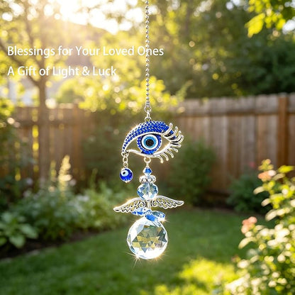 YU FENG Hanging Crystal Angel Suncatcher Blue Evil Eye Protection and Good Luck Charm Chandelier Lamps Pendant(12.5in)
