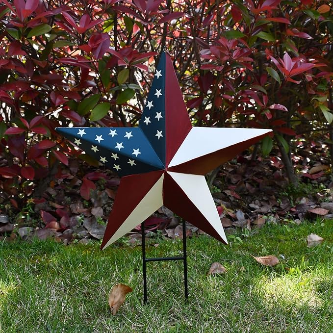 Morning View American Flag Garden Stake Patriotic Decor Metal Star US Flag Yard Sign Bar Star Outdoor Lawn Art Ornament 4th of July Memorial Day Veterans Day Independence Day 12 Inches Tall